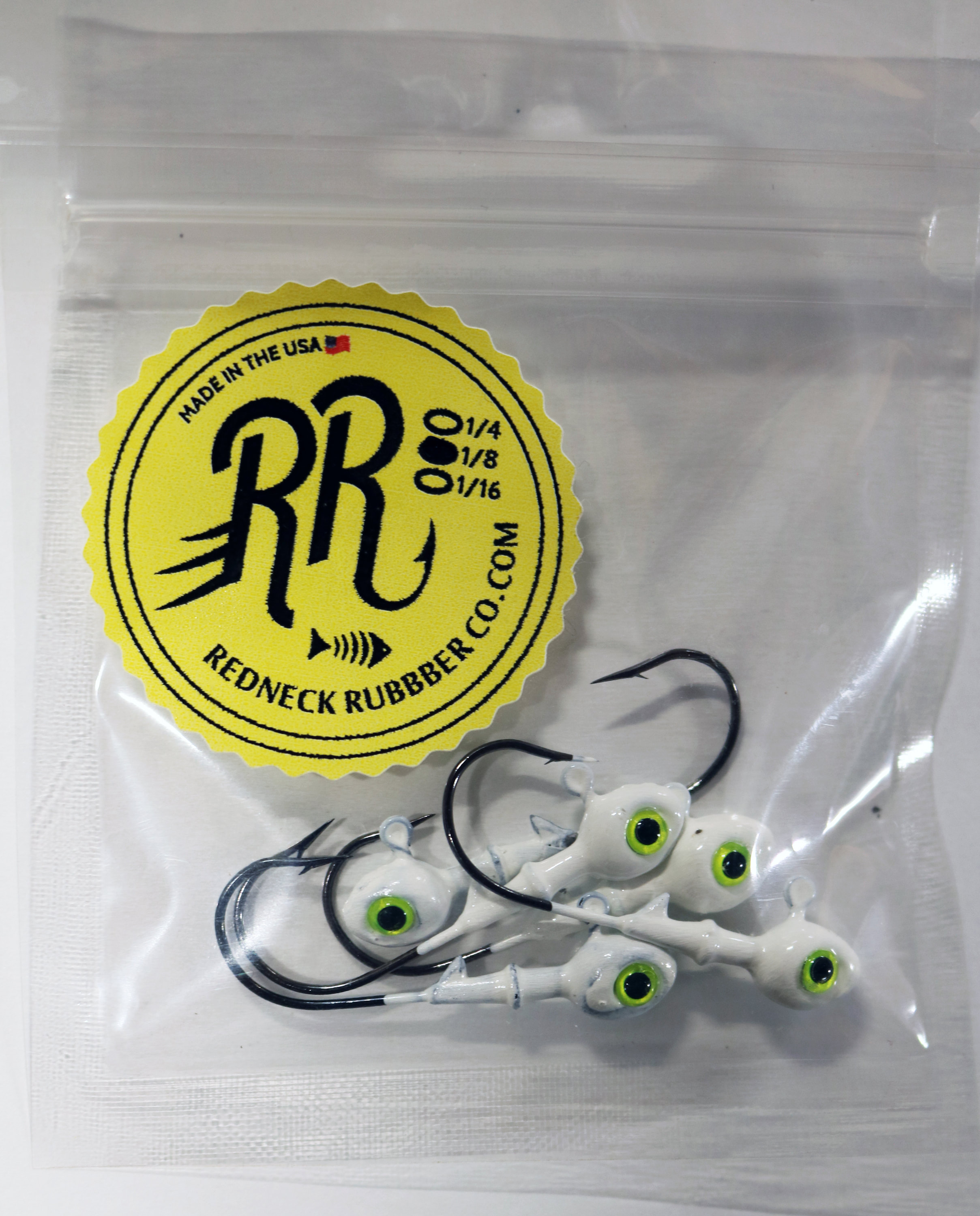 RRC18WHWCH Redneck Rubber 1/8 oz JIG HEAD WHITE/CHARTREUSE EYES